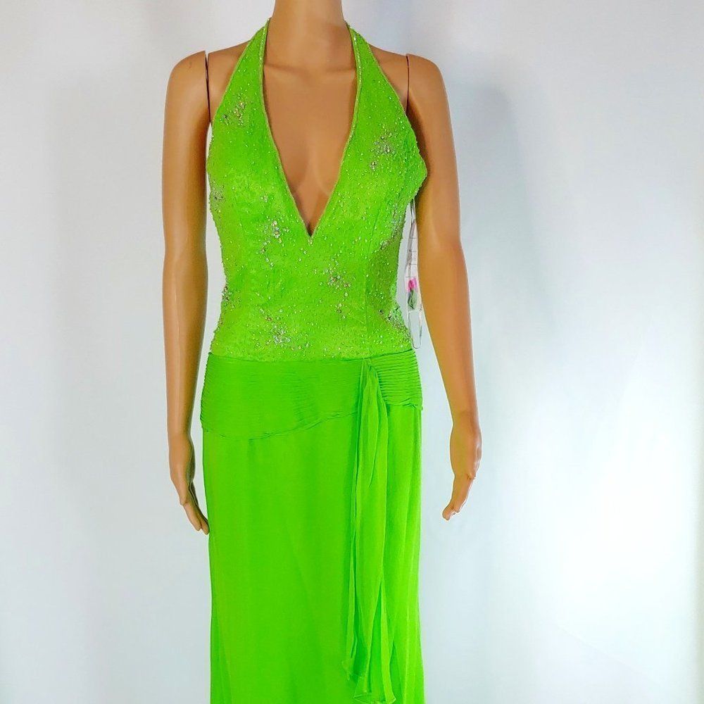 NWT Tiffany Designs Halter Top Formal Gown in Lime
